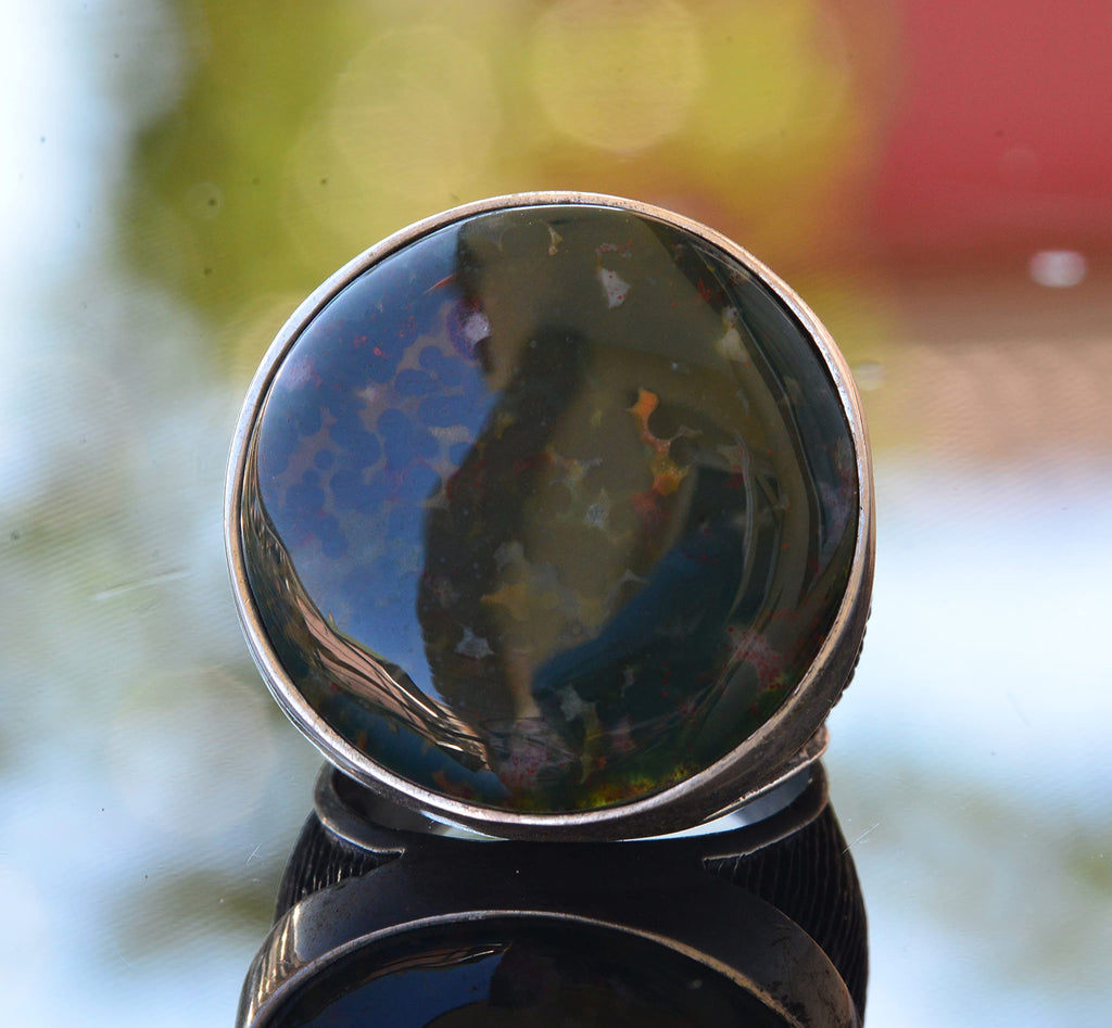 Natural Bloodstone Ring, 925 Sterling Silver Men's Round Ring — 2