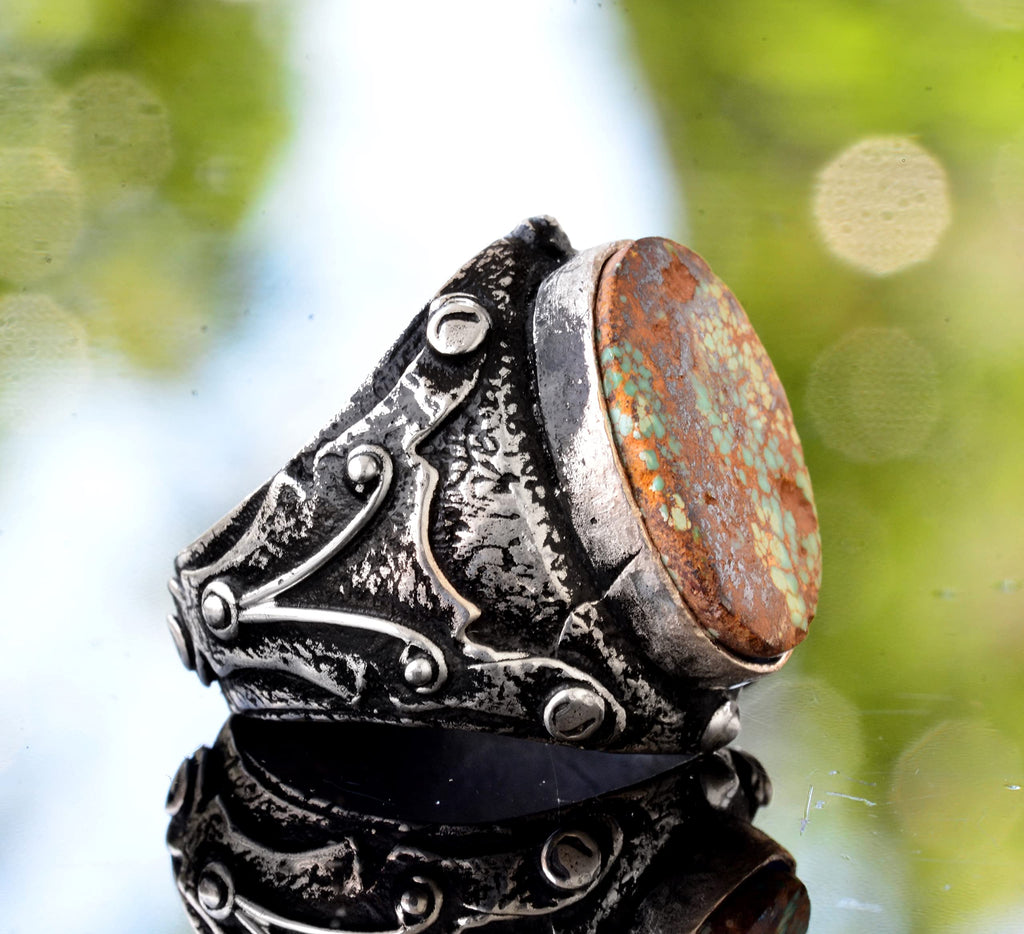 Silver Real Arizona Turquoise Stone Byzantine Men's Ring — 4