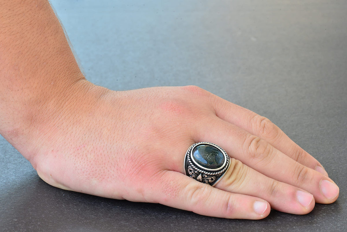 925 Sterling Silver Ring - Natural Agate Stone (Moss Agate) — 6
