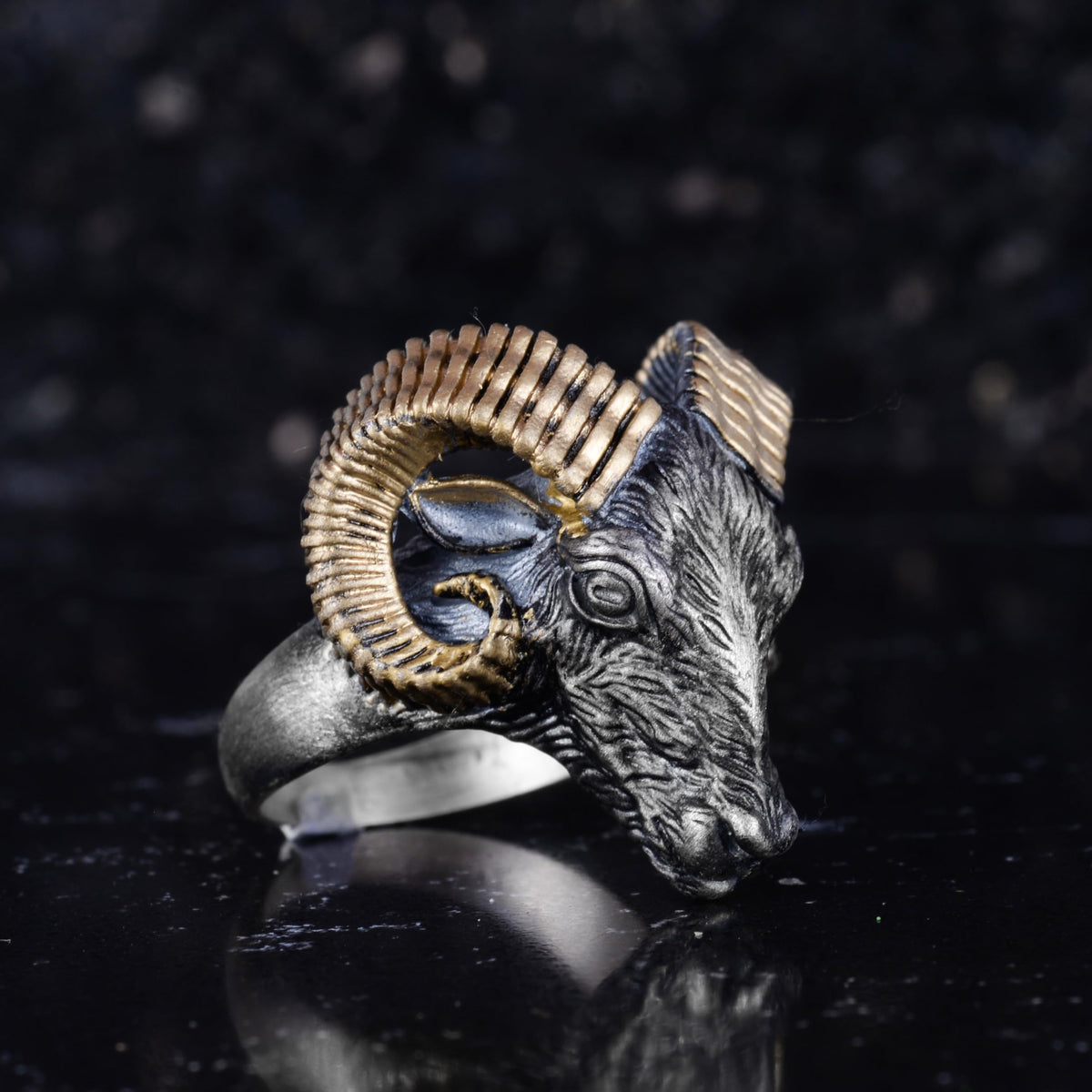 KAMBO 925 Sterling Silver Ram Head Men's Ring – Handmade Ram Symbol Jewelry – Thick Animal Design Silver Men's Statement Ring (Gold Plated) — 6