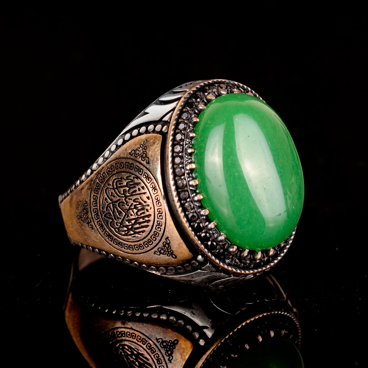 KAMBO Handmade 925 Sterling Silver Men's Ring with Natural Green Jade Gemstone, Islamic Vintage Design, Statement Jewelr