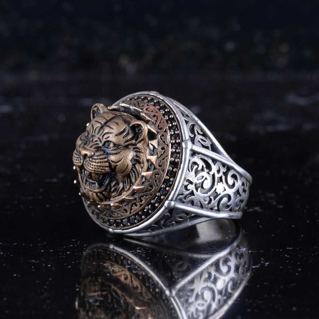 KAMBO Symbol Ring for Men 925 Sterling Silver Round Ring with Bronze Detail Handmade Ottoman Style Statement Jewelry (Tiger Head) — 5