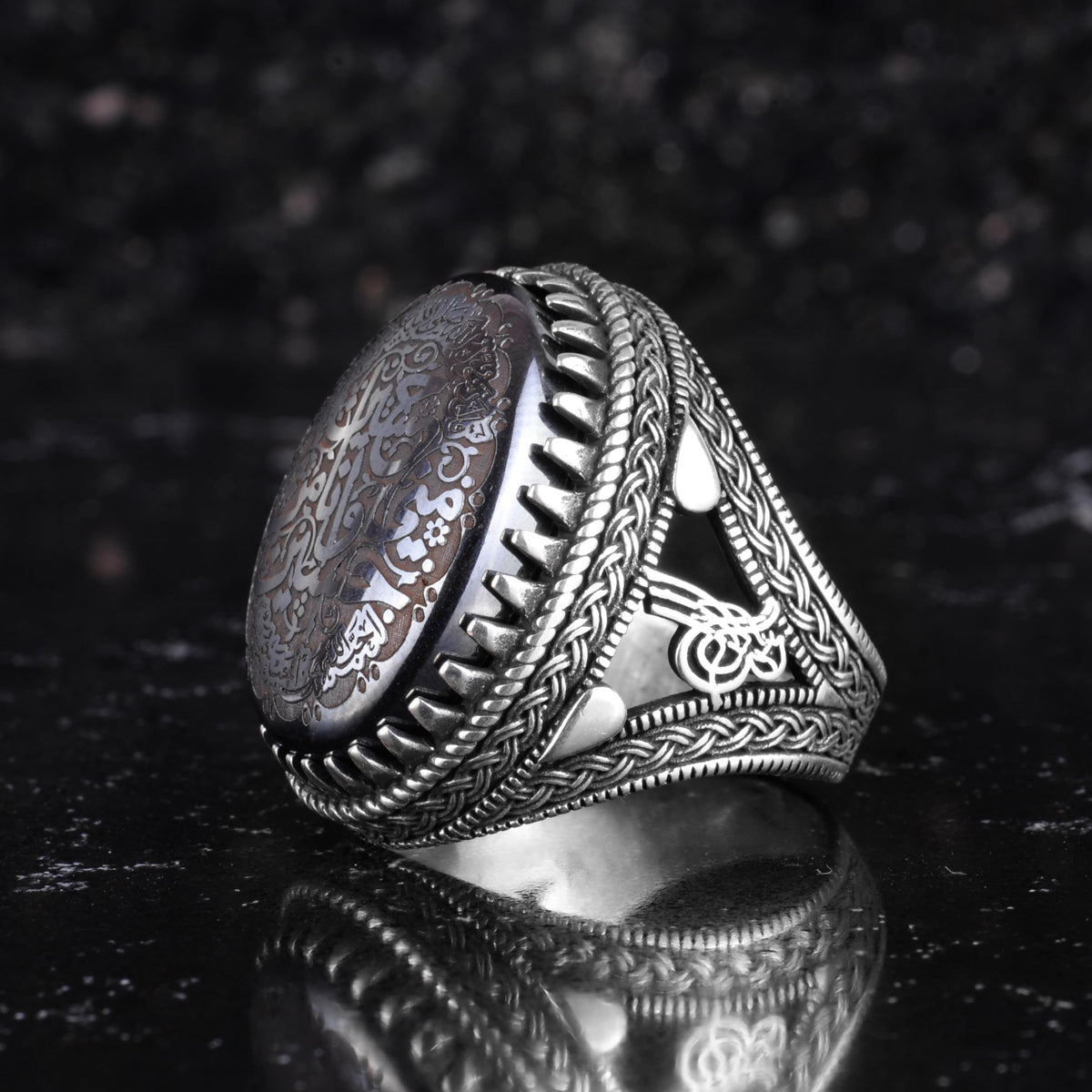 KAMBO Natural Hematite Stone Ring – 925 Sterling Silver Ottoman Tugra Design – Islamic Men's Statement Ring (Ya Ali) — 5