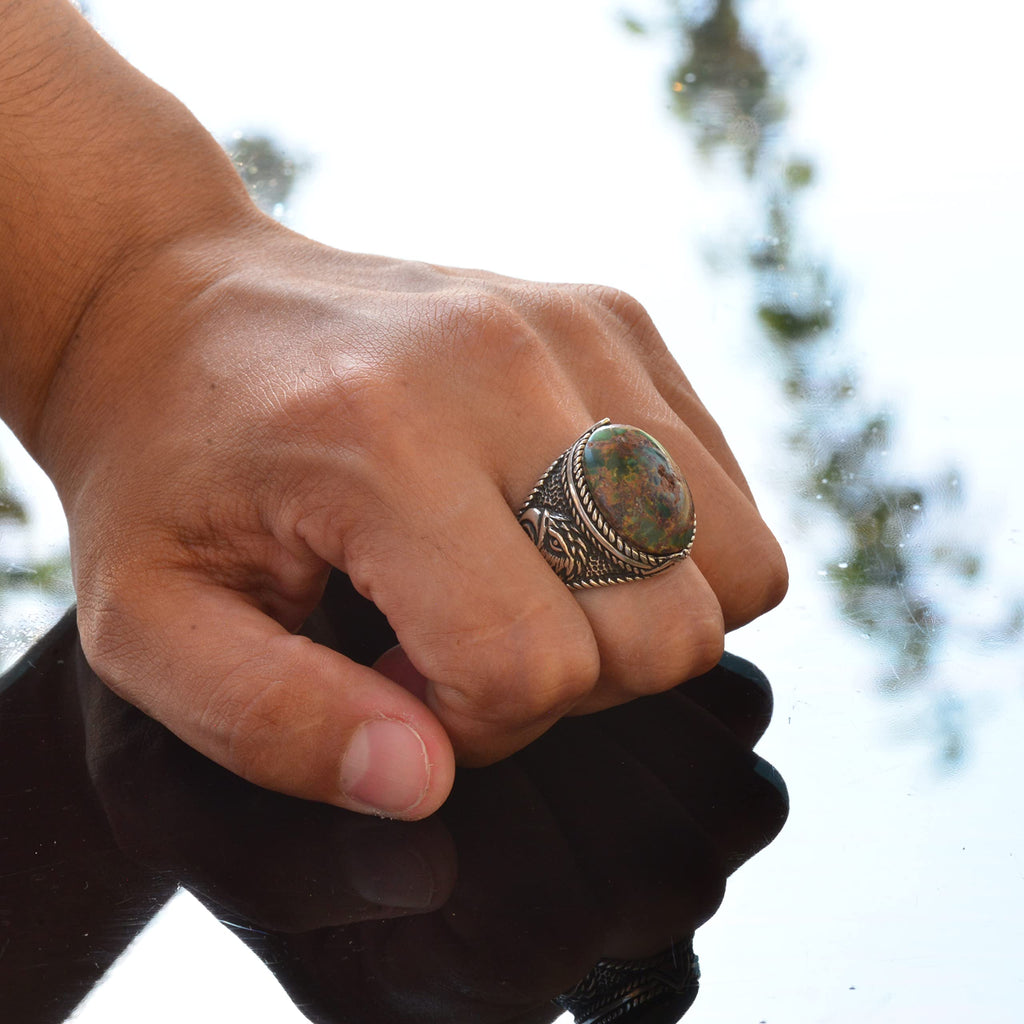 Natural Green Turquoise Hawk Design Ring - 925 Sterling Silver Handmade Men's Jewelry — 7