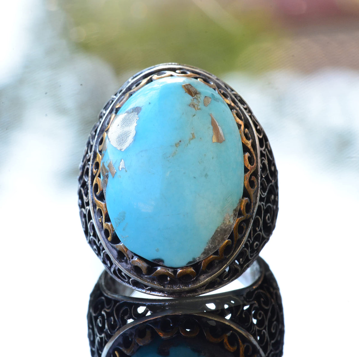Natural Arizona Turquoise Stone Ring, 925 Sterling Silver Men's Ring (Model-4) — 5