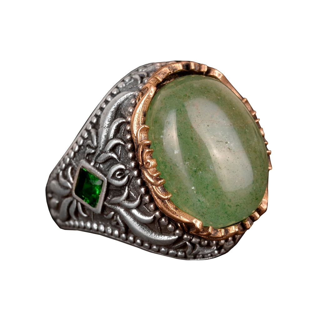 Emerald Natural Cabochon Stone Ring, Handmade Men's Ring, Silver Men's Ring