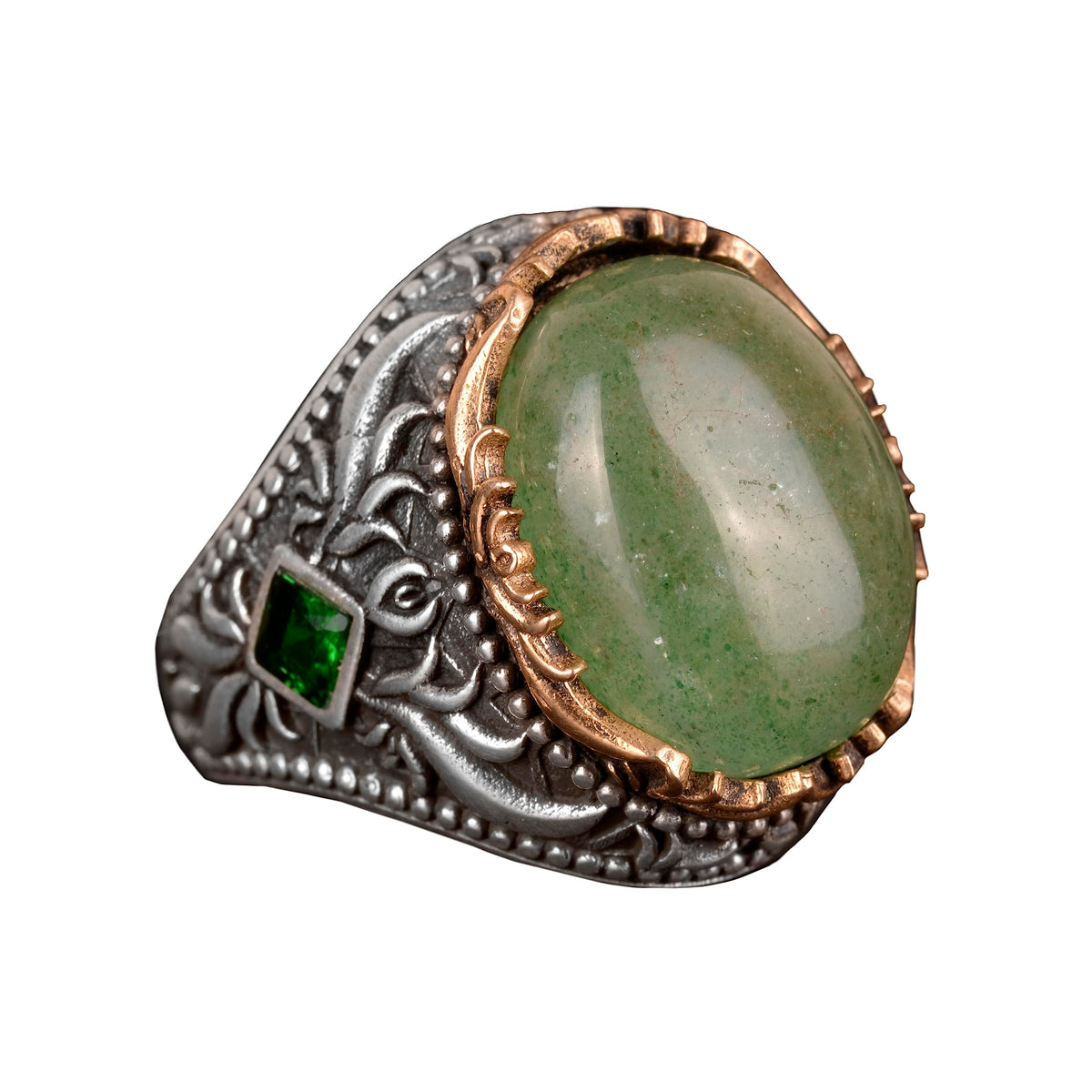 Emerald Natural Cabochon Stone Ring, Handmade Men's Ring, Silver Men's Ring