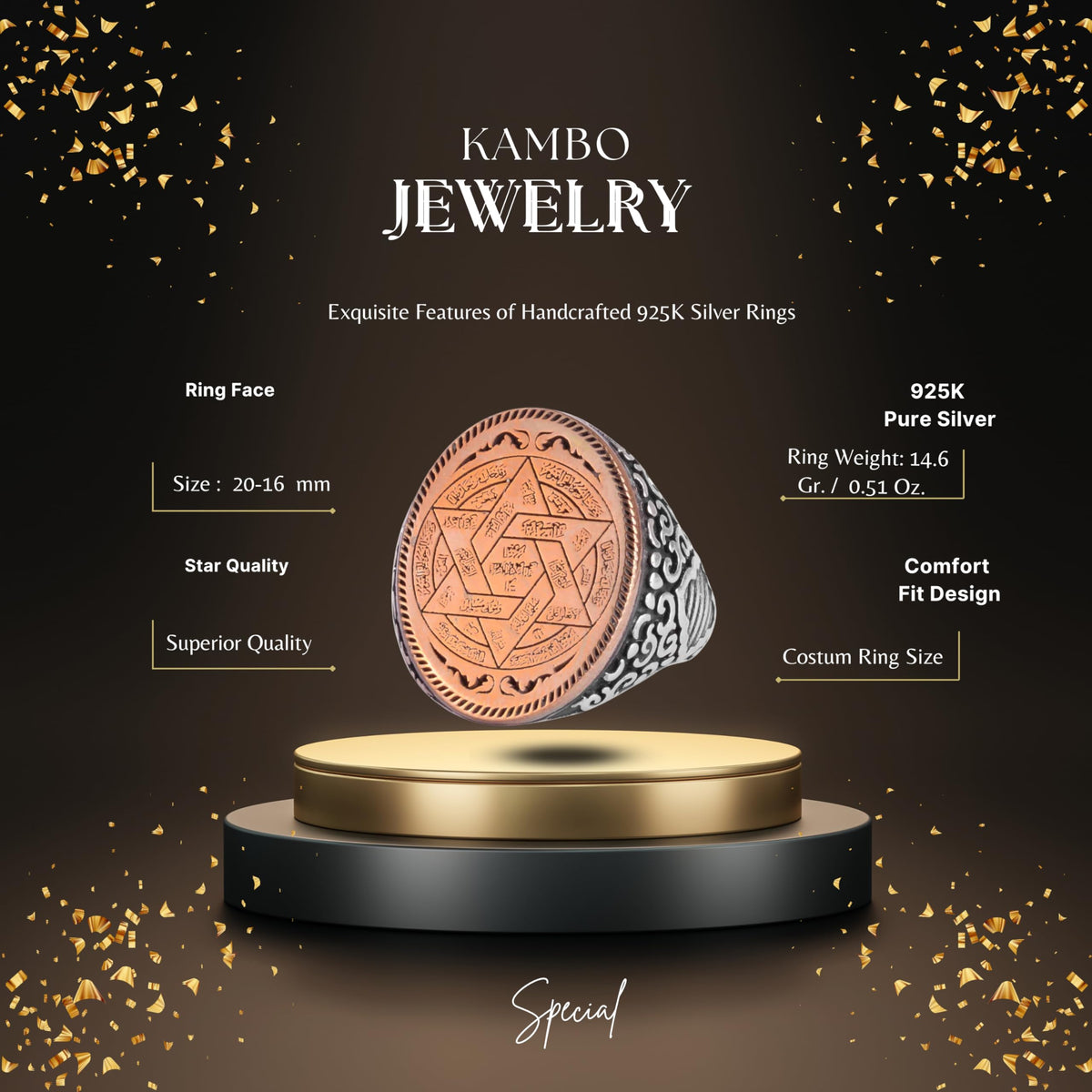 KAMBO Handmade Men's King Solomon Ring in 925 Sterling Silver with Star of David and Seal of Power Motif, Minimalist Kab