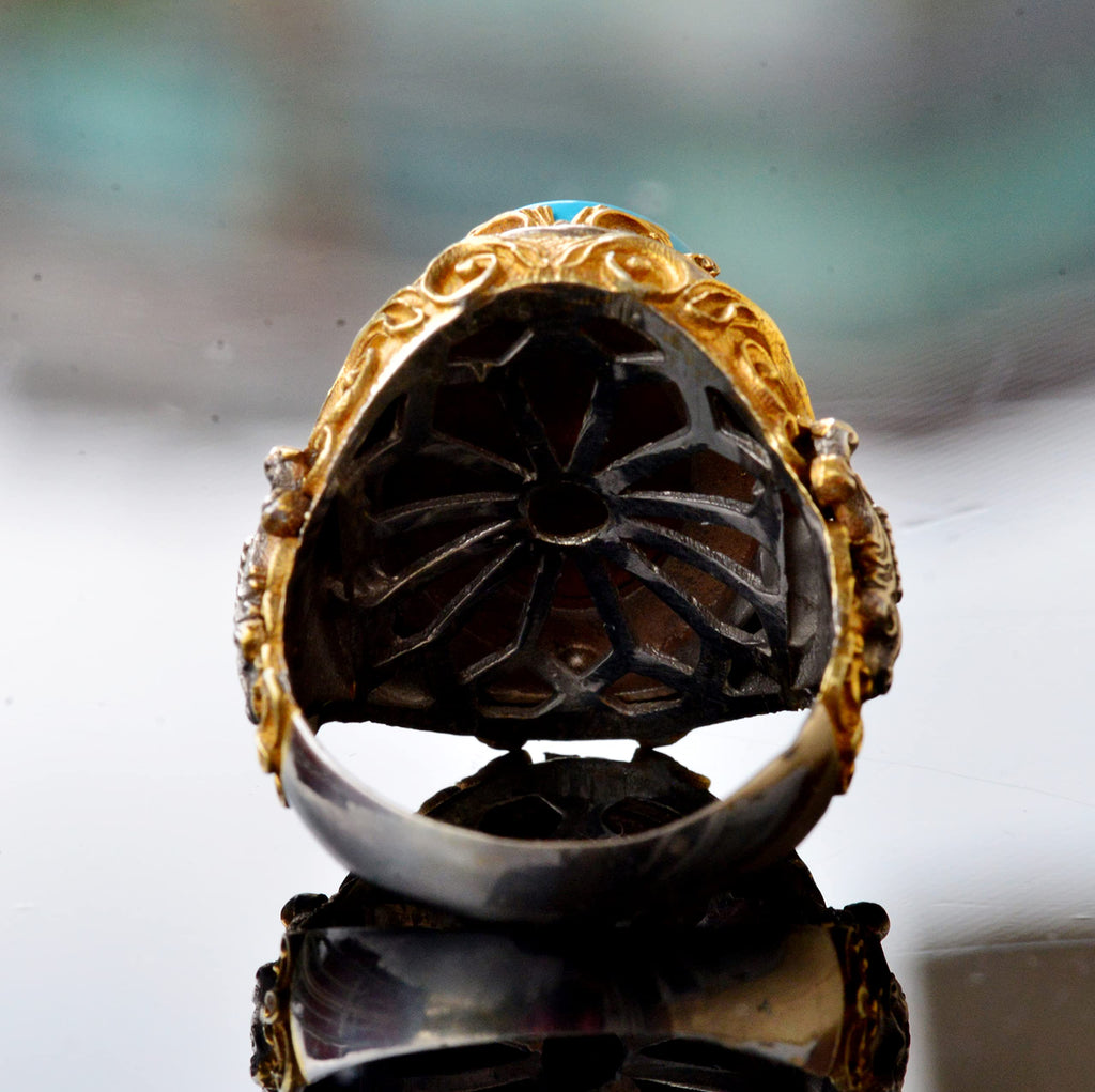 Handcrafted 925 Sterling Silver Men's Lucifer Ring - Natural Turquoise Stone, Gold Plated, Fine Craftsmanship King Seal Design — 8