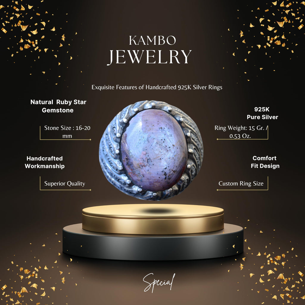 KAMBO Handmade Men's Antique Star Ruby Ring in 925 Sterling Silver, Vintage Statement Jewelry, Natural Gemstone, Classic