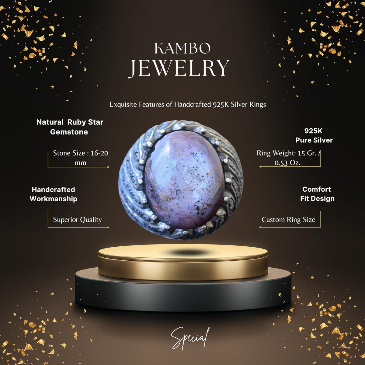 KAMBO Handmade Men's Antique Star Ruby Ring in 925 Sterling Silver, Vintage Statement Jewelry, Natural Gemstone, Classic