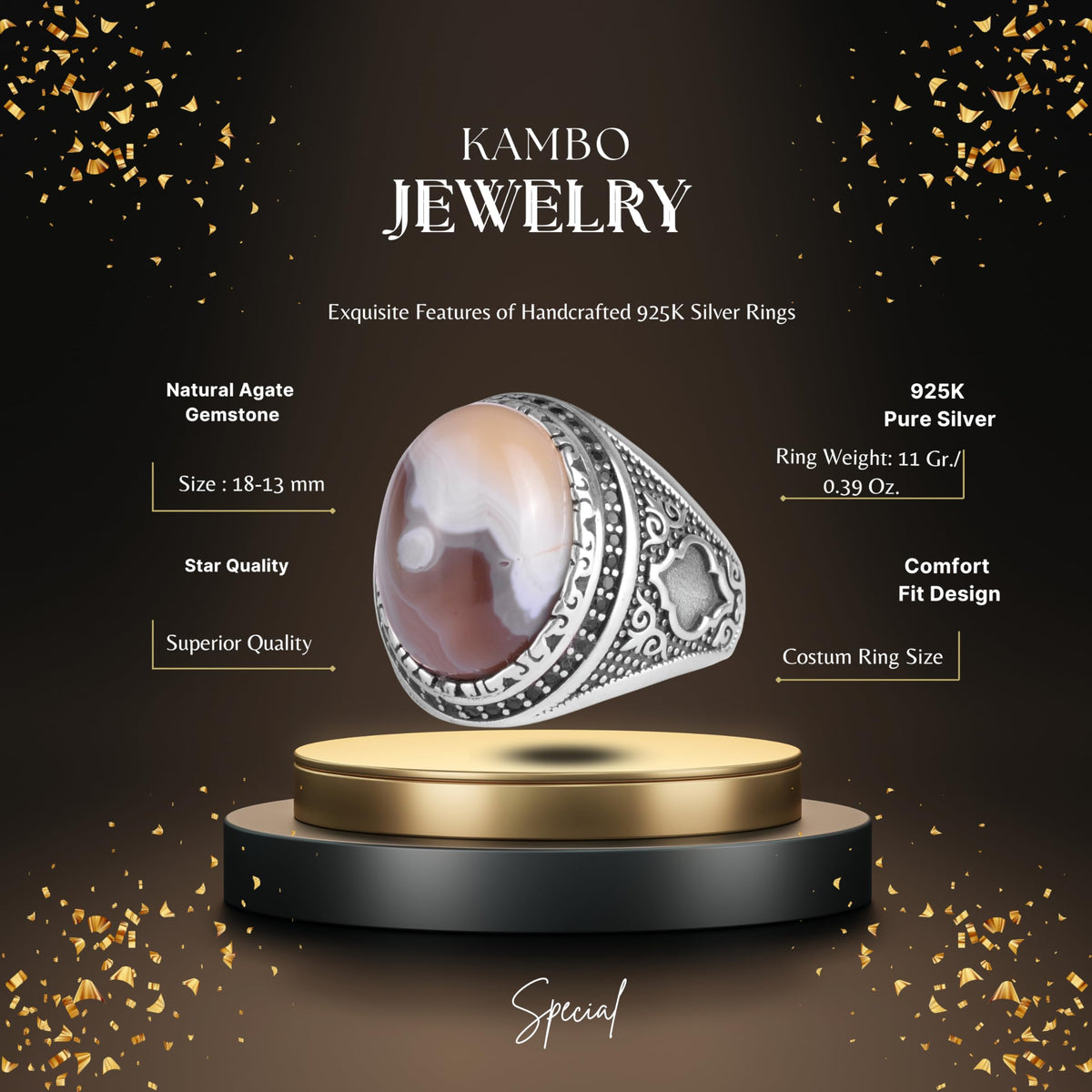 KAMBO Men's Natural Agate Stone Ring – 925 Sterling Silver Handmade Ottoman Star Motif Statement Ring – Islamic Heritage Jewelry (Style-1) — 2