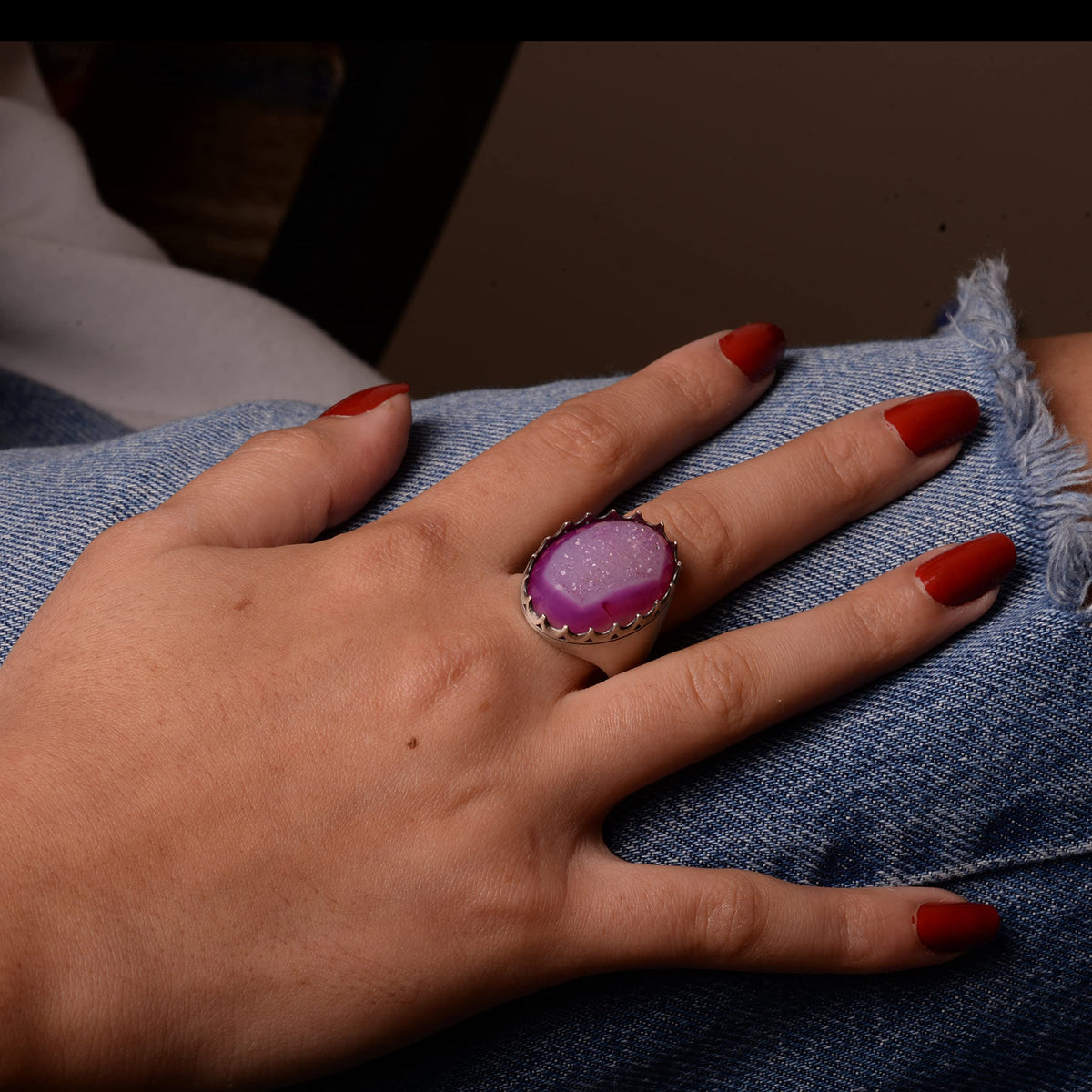 Silver Men's Ring with Drusy Quartz - Shiny Stone Collection — 7