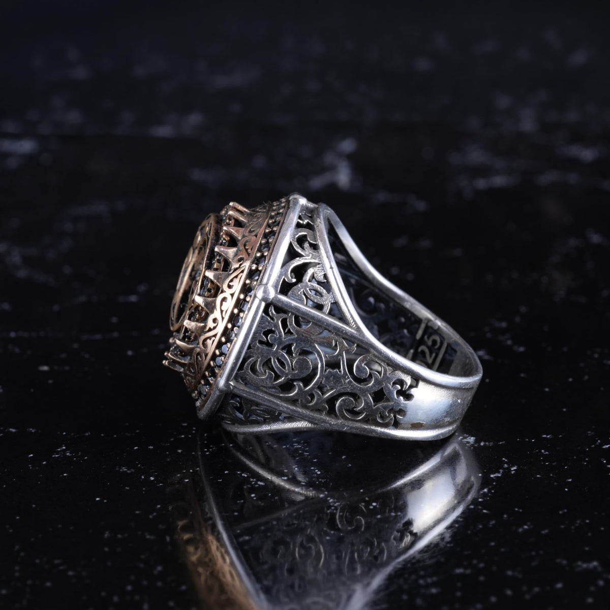 KAMBO Symbol Ring for Men 925 Sterling Silver Round Ring with Bronze Detail Handmade Ottoman Style Statement Jewelry (Crescent and Star) — 6