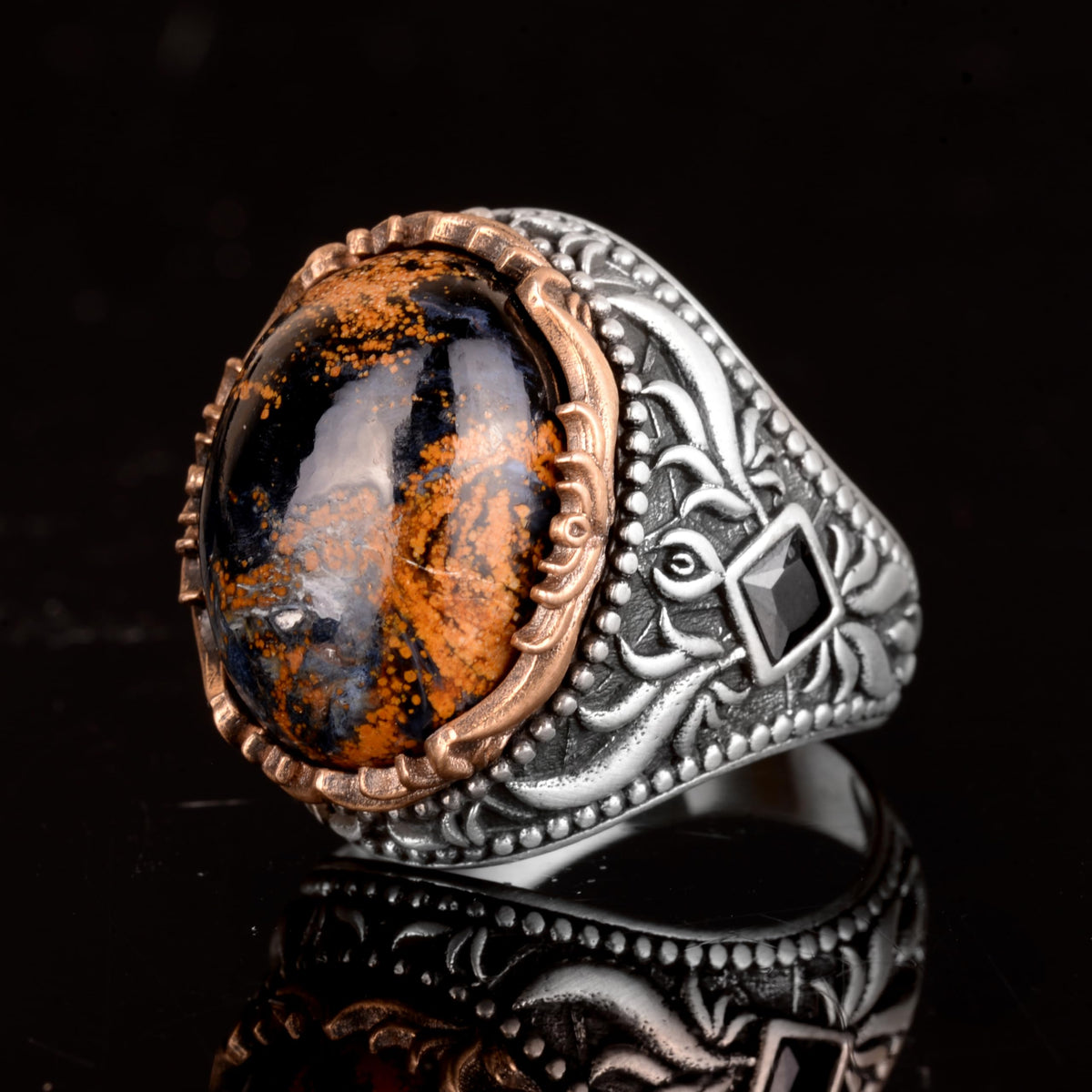 Natural Stone Men's Ring, 925 Sterling Silver Handcrafted Oval Ring — 5