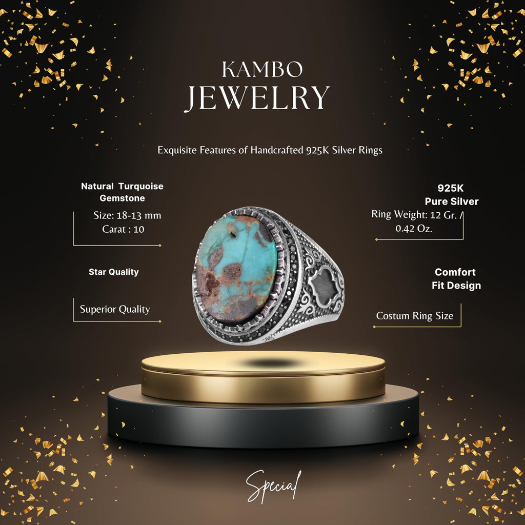 KAMBO Turquoise Stone Men's Ring 925 Sterling Silver – Natural Turquoise Statement Ring – Vintage Ottoman Style Handmade Men's Ring (Turquoise-7) — 2
