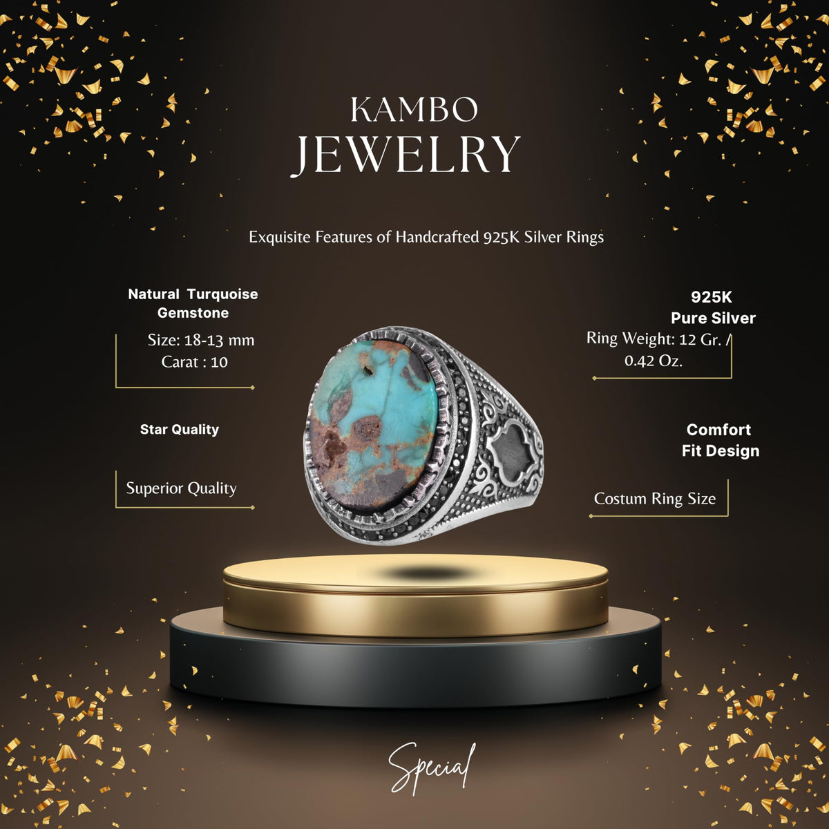 KAMBO Turquoise Stone Men's Ring 925 Sterling Silver – Natural Turquoise Statement Ring – Vintage Ottoman Style Handmade Men's Ring (Turquoise-7) — 2