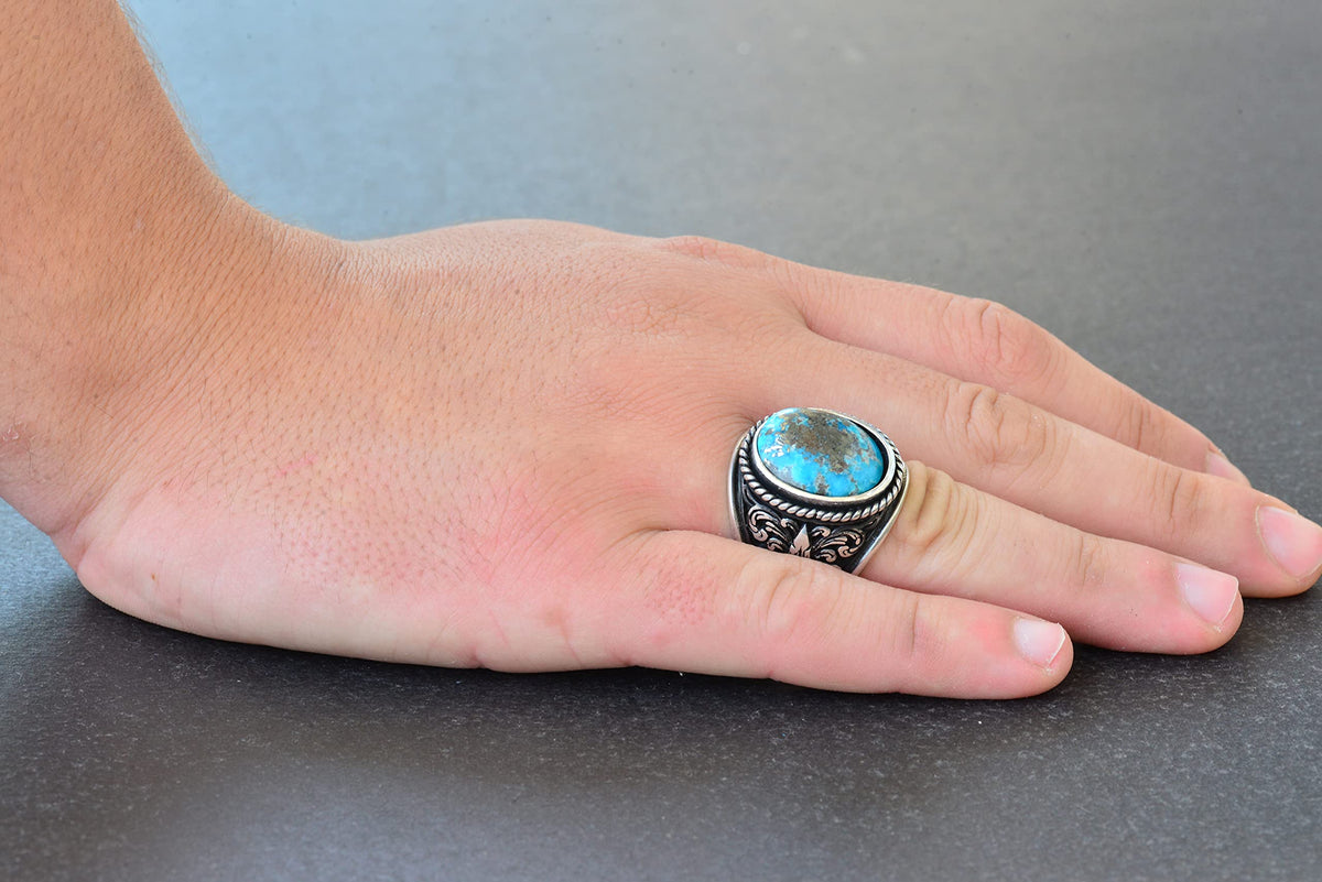 Natural Arizona Turquoise Stone Ring - Silver Men's Ring (Model-5) — 6