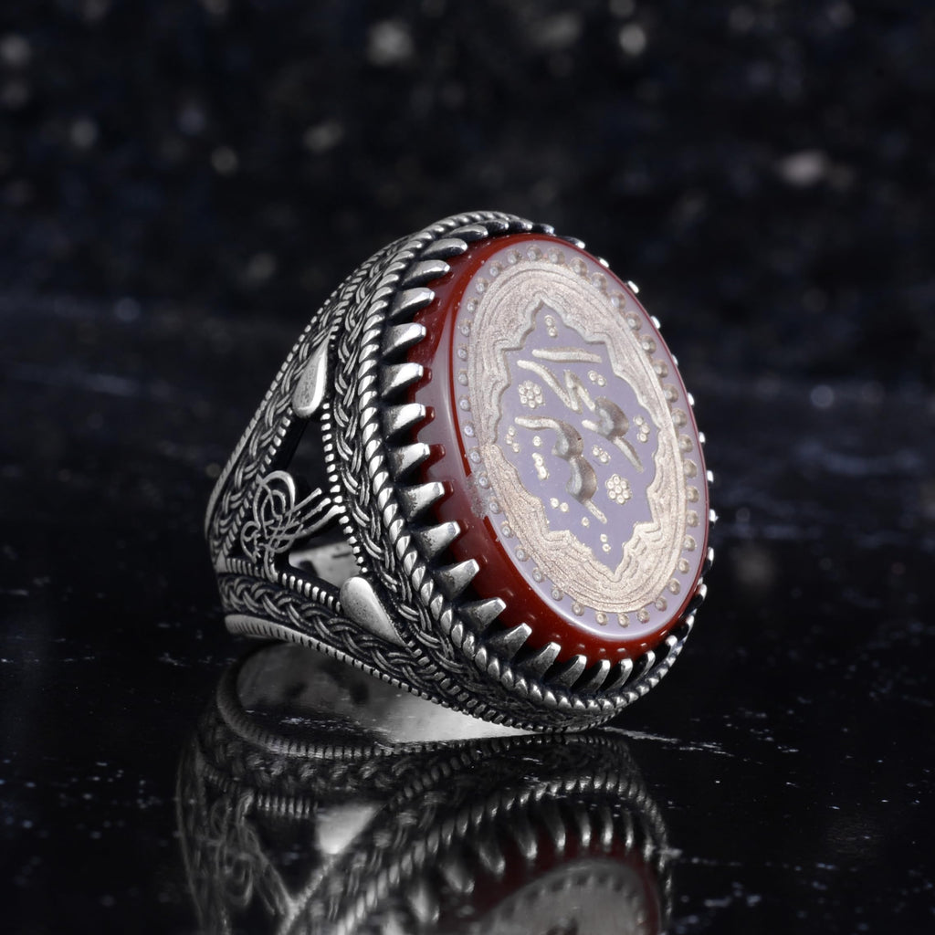 KAMBO Natural Agate Engraved Ottoman Tugra Style Seal Ring 925 Sterling Silver Large Men's Ring Oval Red Stone Handmade Vintage Design (Arabic Calligraphy) — 6