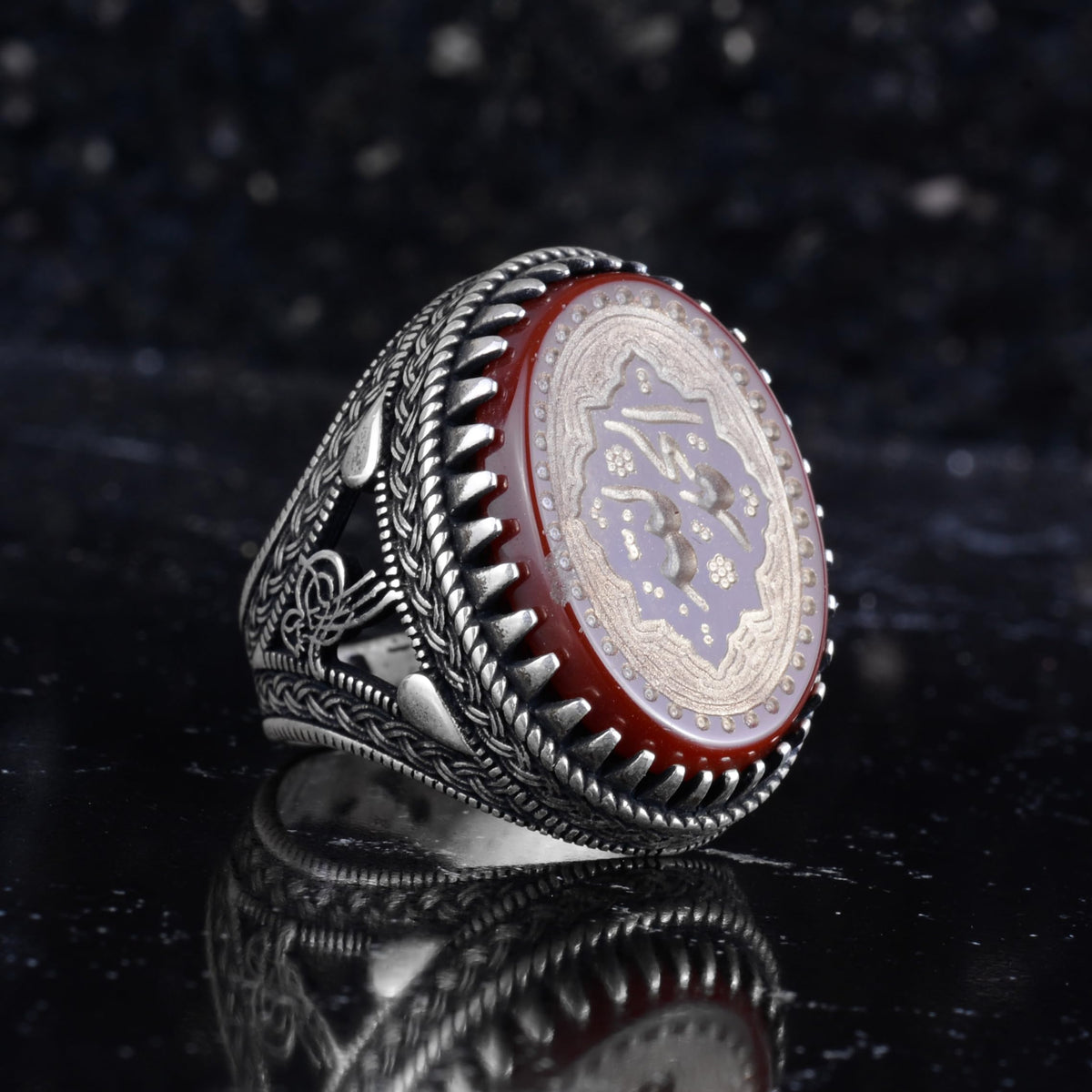 KAMBO Natural Agate Engraved Ottoman Tugra Style Seal Ring 925 Sterling Silver Large Men's Ring Oval Red Stone Handmade Vintage Design (Arabic Calligraphy) — 6