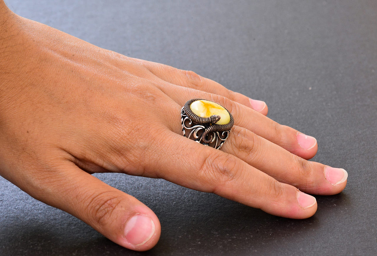 925 Sterling Silver Men's Ring - Handcrafted Elegance with Yellow Wood Stone — 6