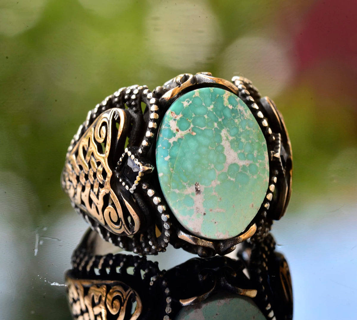 Men's Green Turquoise Stone Ring - Vintage Middle Eastern Design with 925 Sterling Silver — 7
