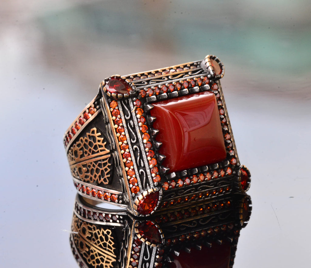 Natural Red Agate Stone Ring - Silver Men's Sultan Ring — 5