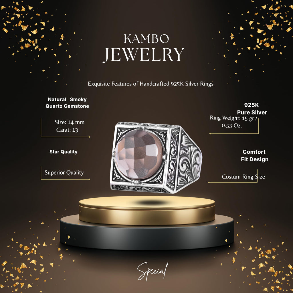 KAMBO Natural Round Stone Square Men's Ring 925 Sterling Silver – Ottoman Pattern Handmade Stone Ring (Smoky Quartz) — 2