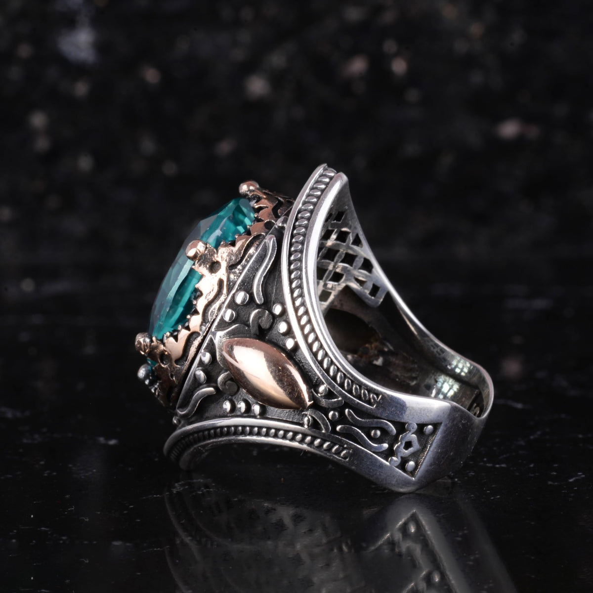 KAMBO Certified Natural Tourmaline Stone Men's Ring – Bronze Detailed 925 Sterling Silver – Oval Cut Statement Ring — 7