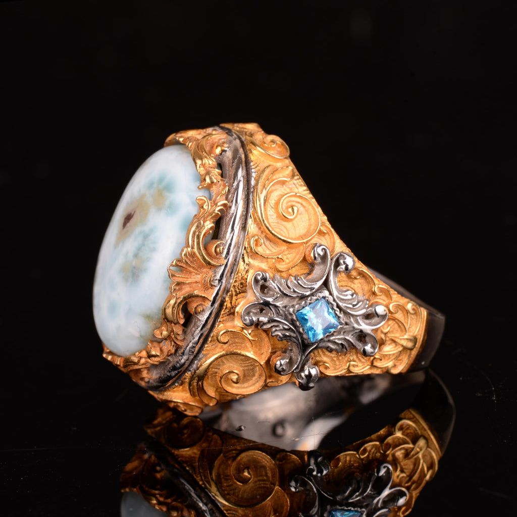 Natural Larimar Stone Men's Ring - 925 Sterling Silver Handmade Ring — 6