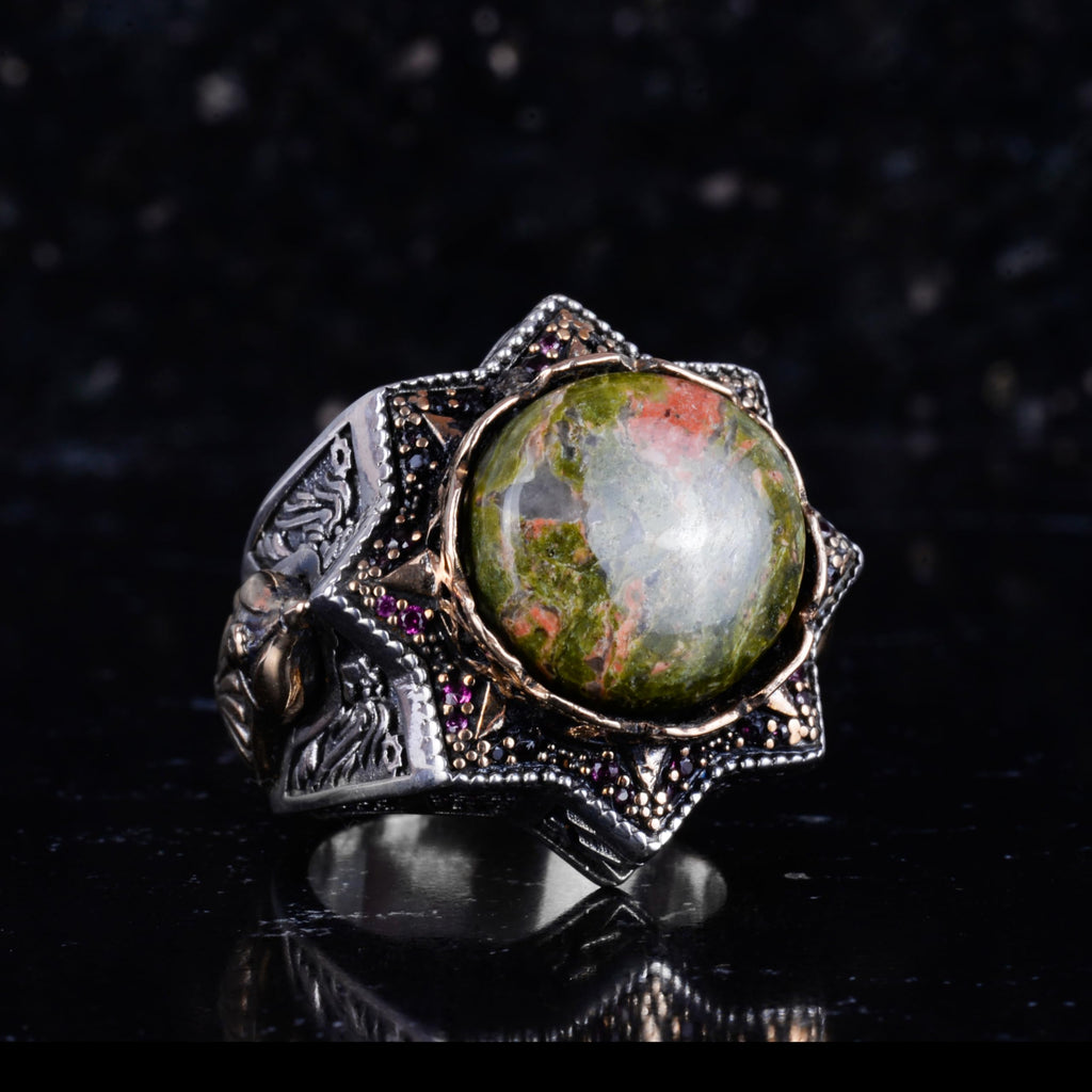 KAMBO Natural Unakite Stone Men's Ring – Star Shaped Large Ring – 925 Sterling Silver Handmade Statement Jewelry — 6