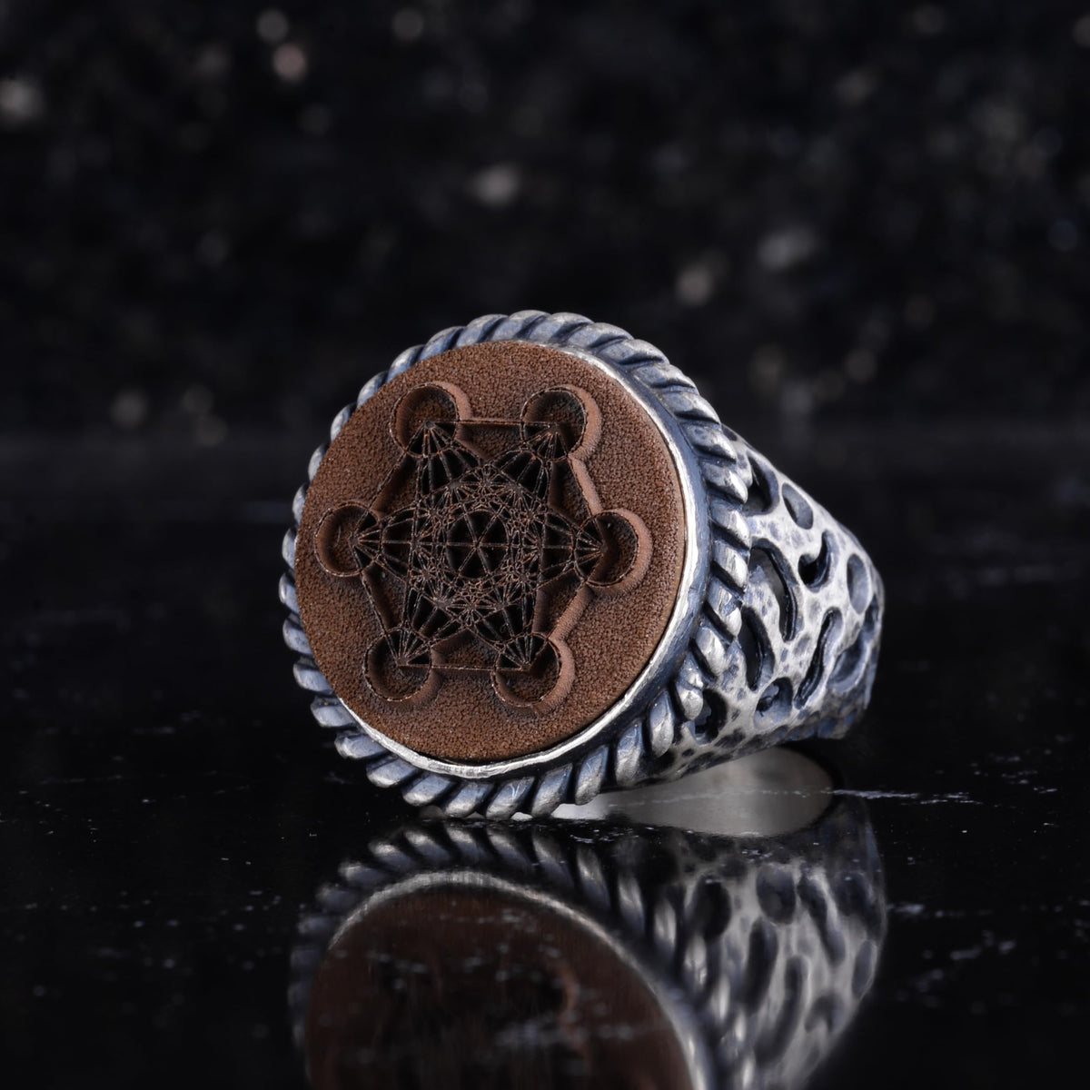 KAMBO Bronze Seal Round Men's Ring 925 Sterling Silver – Vintage Statement Ring (Metatron Cube) — 5