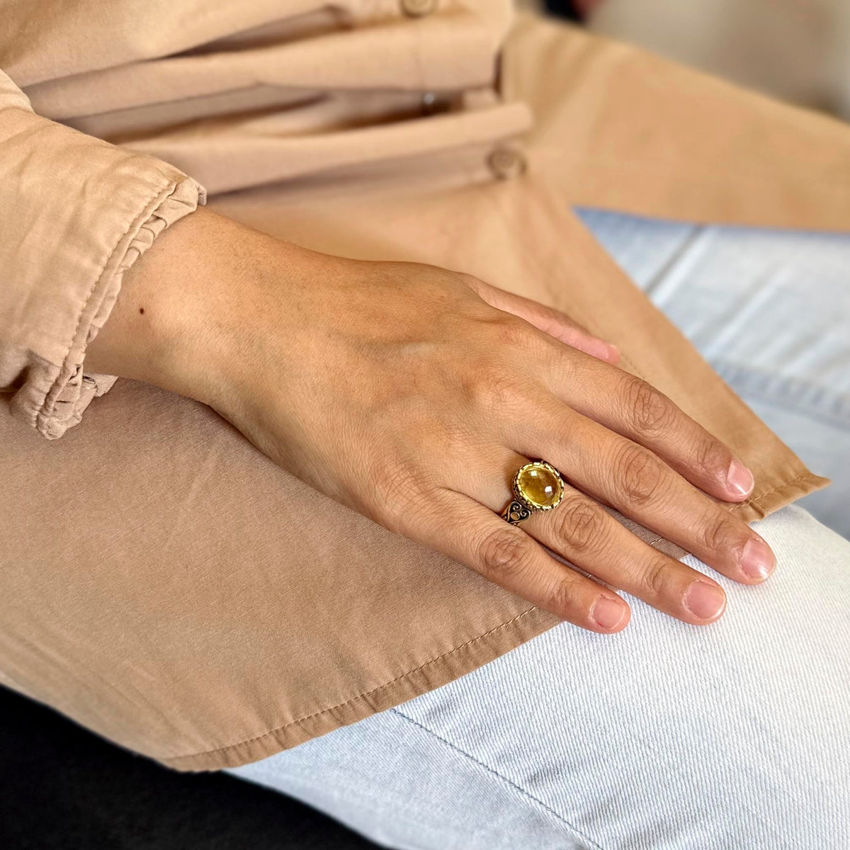 KAMBO Gold Plated 925 Sterling Silver Crafted Stone Women's Ring, Handmade Vintage Design (Made Citrine) — 3