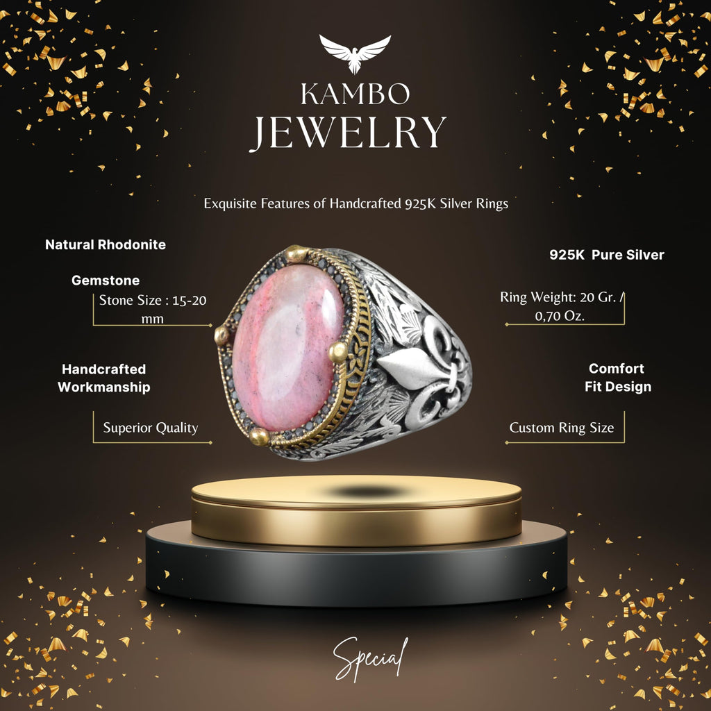 Lily Patterned Silver Ring - 925 Sterling Silver Handmade Men's Jewelry (Rhodonite) — 2