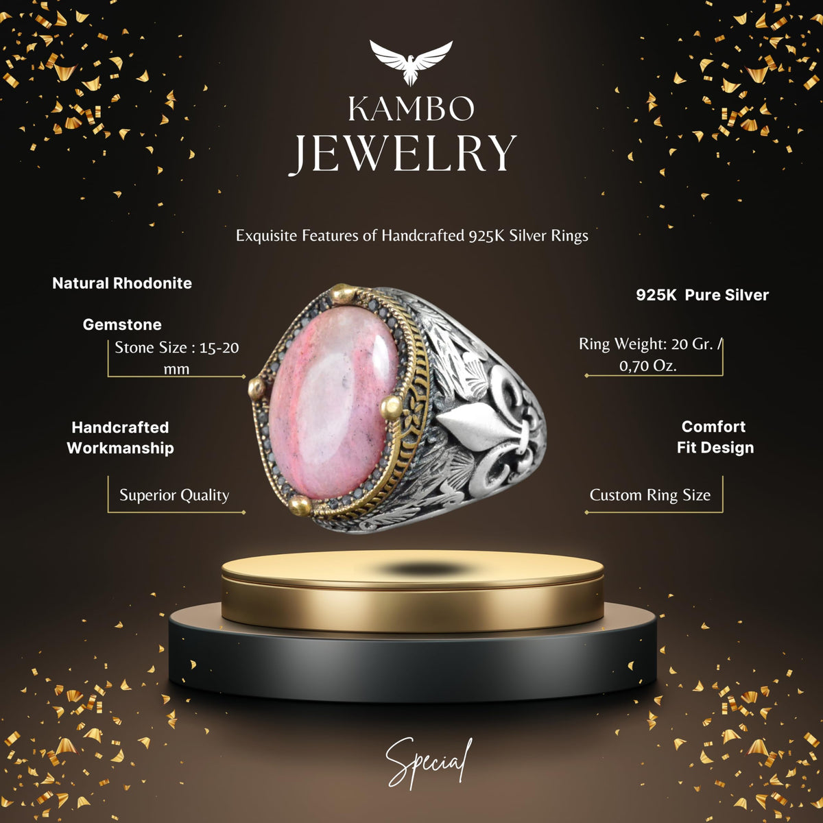 Lily Patterned Silver Ring - 925 Sterling Silver Handmade Men's Jewelry (Rhodonite) — 2