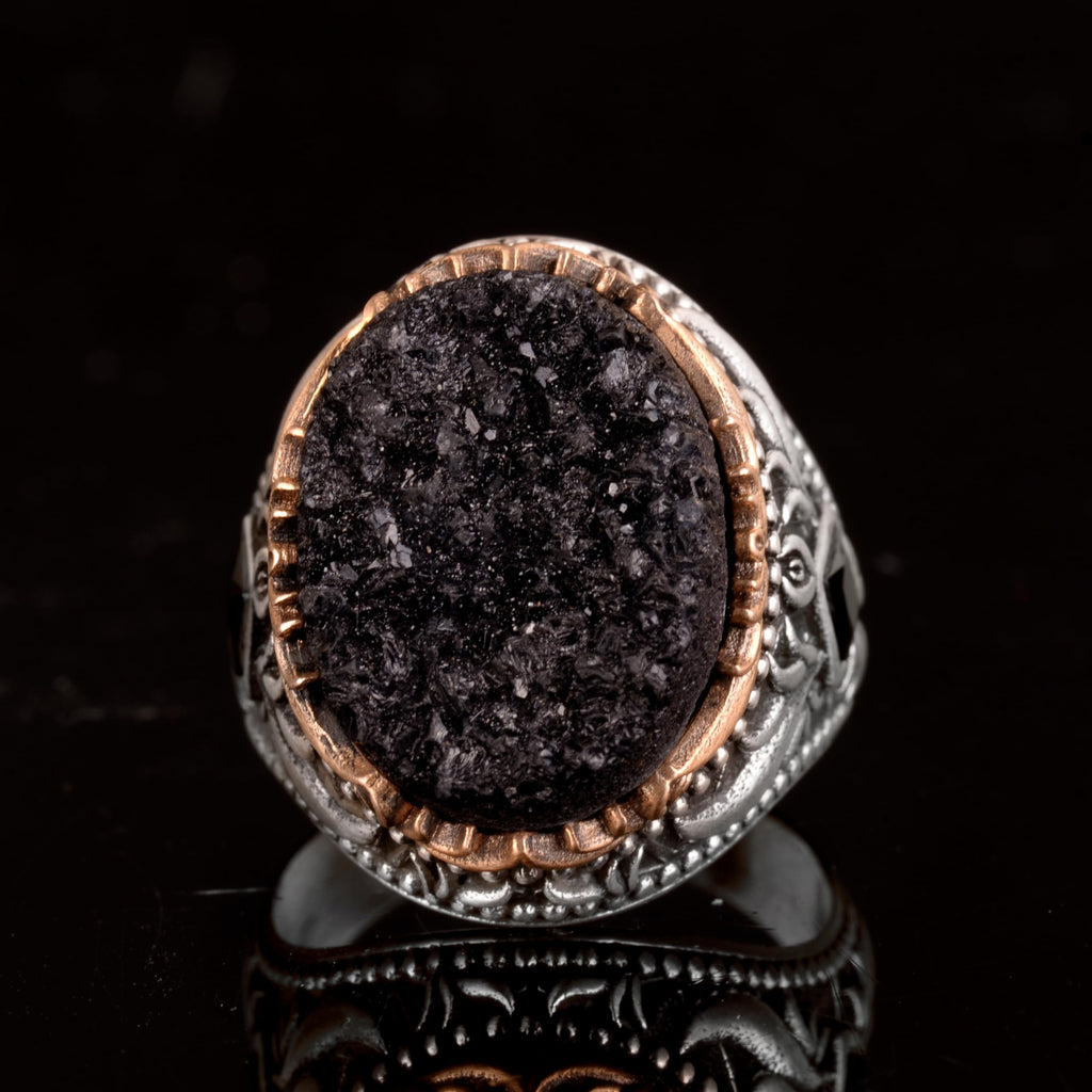 Vintage Men's 925 Sterling Silver Ring - Druzy Quartz (Black) — 2