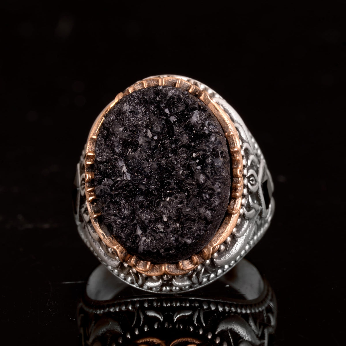 Vintage Men's 925 Sterling Silver Ring - Druzy Quartz (Black) — 2