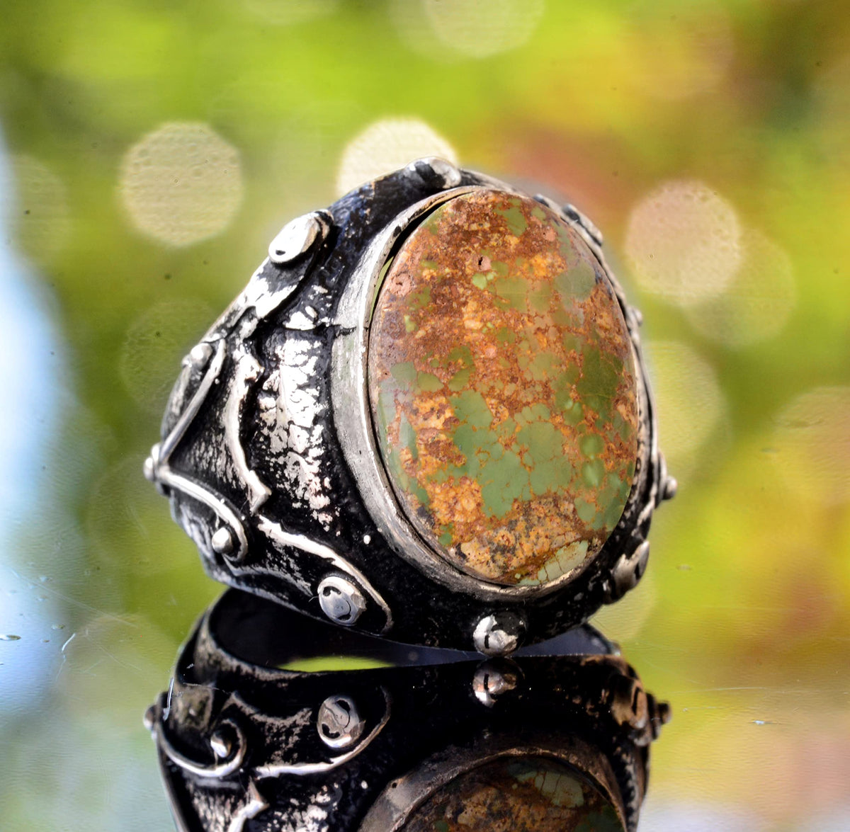 925 Sterling Silver Real Arizona Turquoise Stone Byzantine Men's Ring — 3
