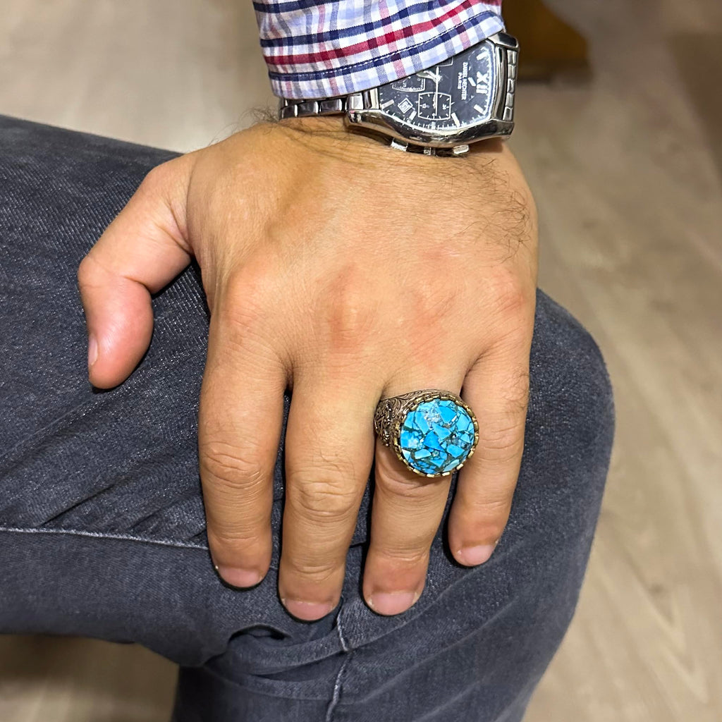 Silver Men's Ring with Natural Turquoise Stone - Vintage Design — 3