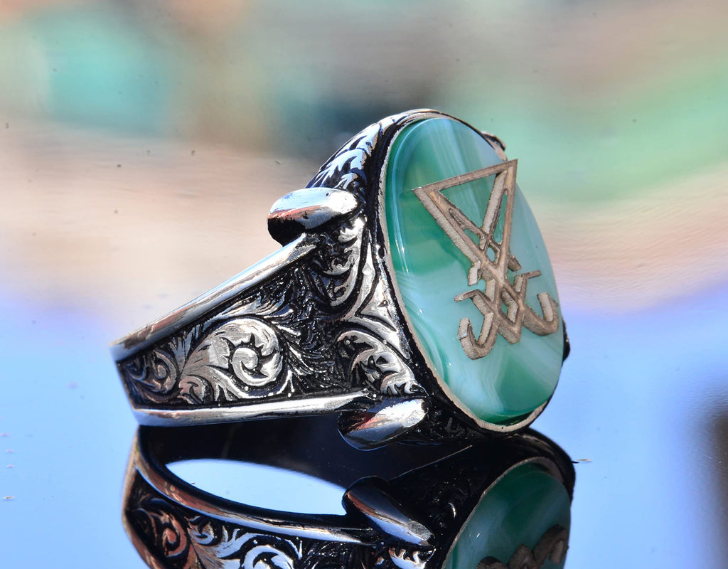 Handcrafted 925 Sterling Silver Men's Ring with Satanic Symbol and Created Onyx Stone, Unique Mystical Design