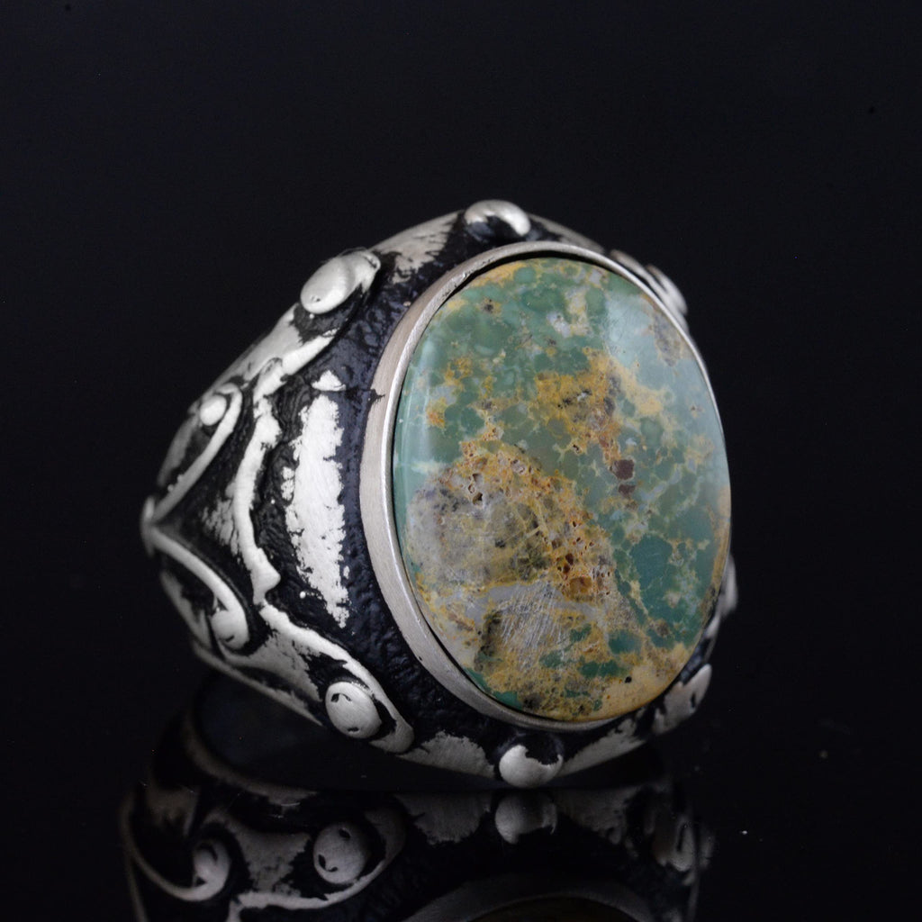 KAMBO Handmade Men's Ring with Natural Arizona Turquoise Stone in 925 Sterling Silver - Vintage Style-3 Statement Jewelr