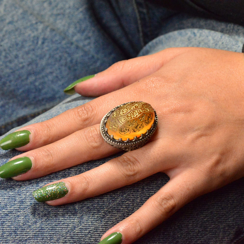 Natural Agate Islamic Calligraphy Ring - 925 Sterling Silver Handmade Men's Ring — 6
