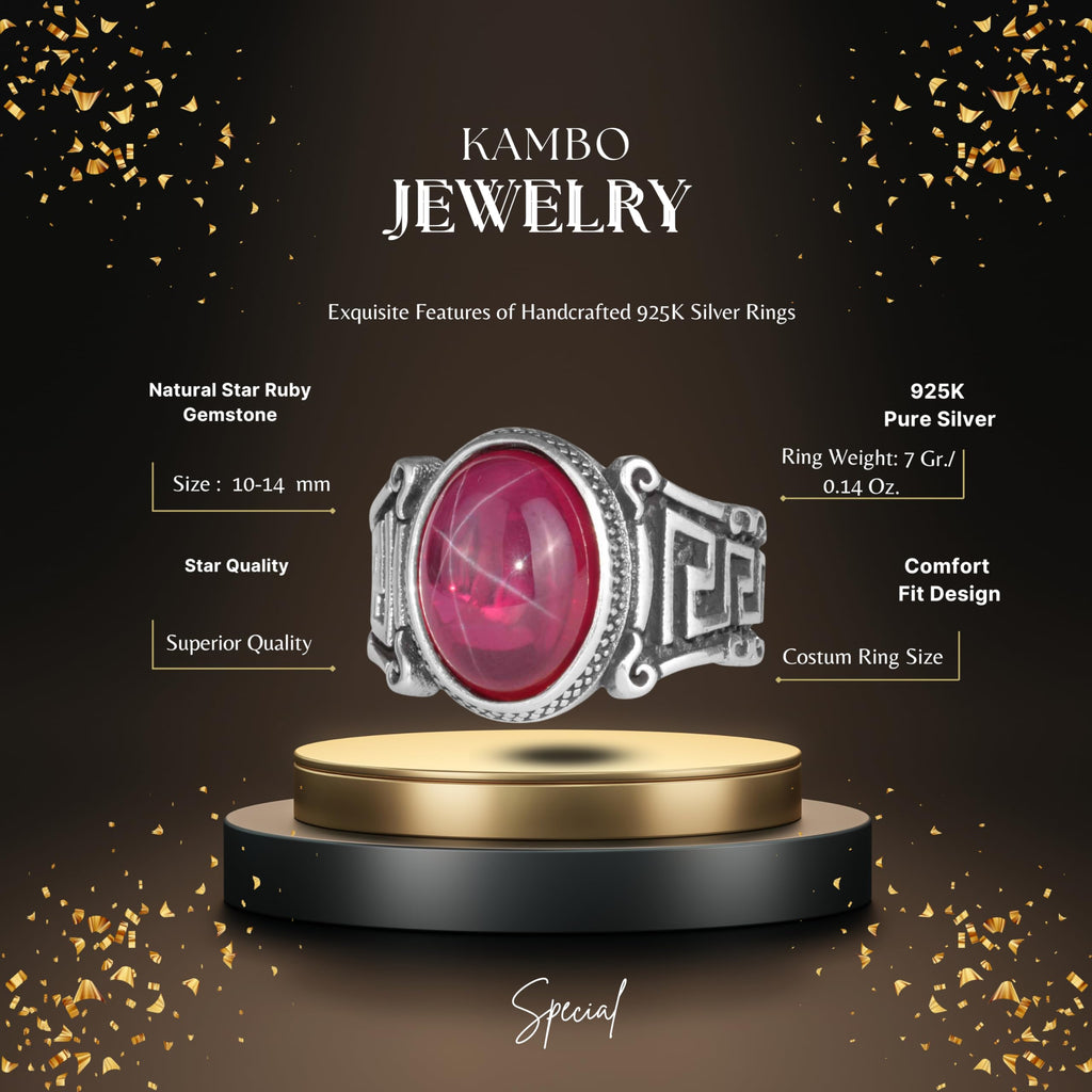 KAMBO 925 Sterling Silver Natural Stone Men's Ring – Labyrinth Pattern Handmade Vintage Statement Ring (Star Ruby) — 2