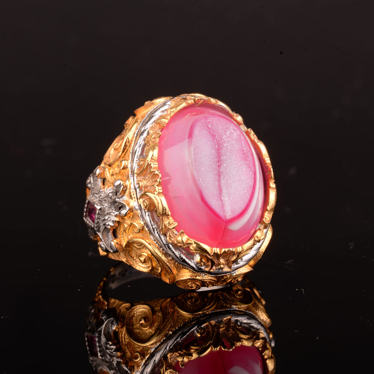 Silver Men's Ring - Gold Plated, Real Crystal Druzy Quartz Pink Natural Stone — 4