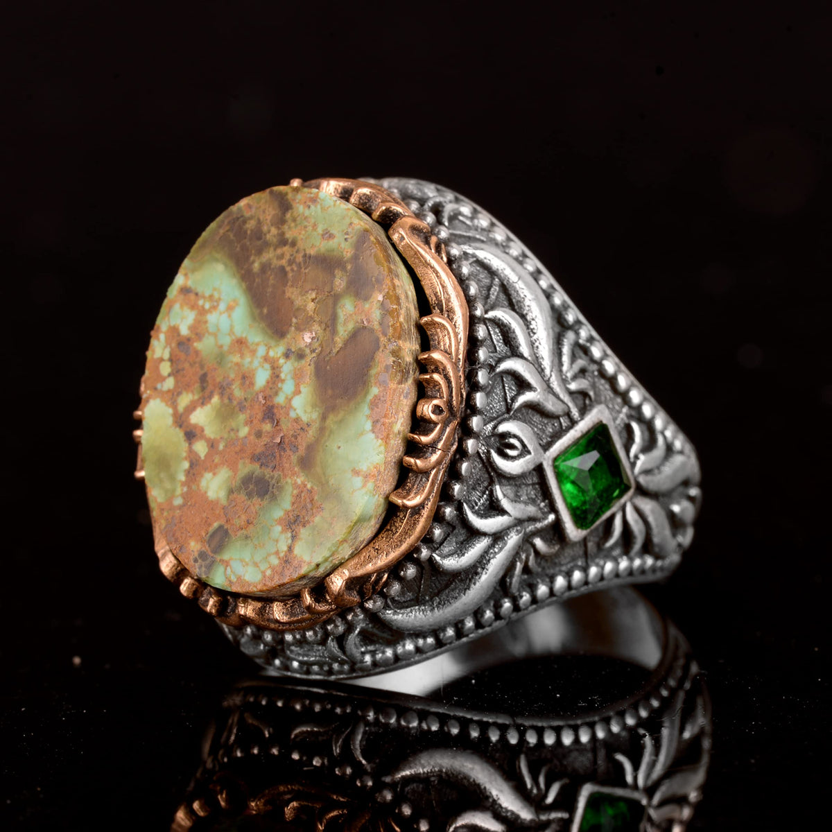 Natural Arizona Turquoise Stone Men's Ring - Handcrafted, 925 Sterling Silver — 4