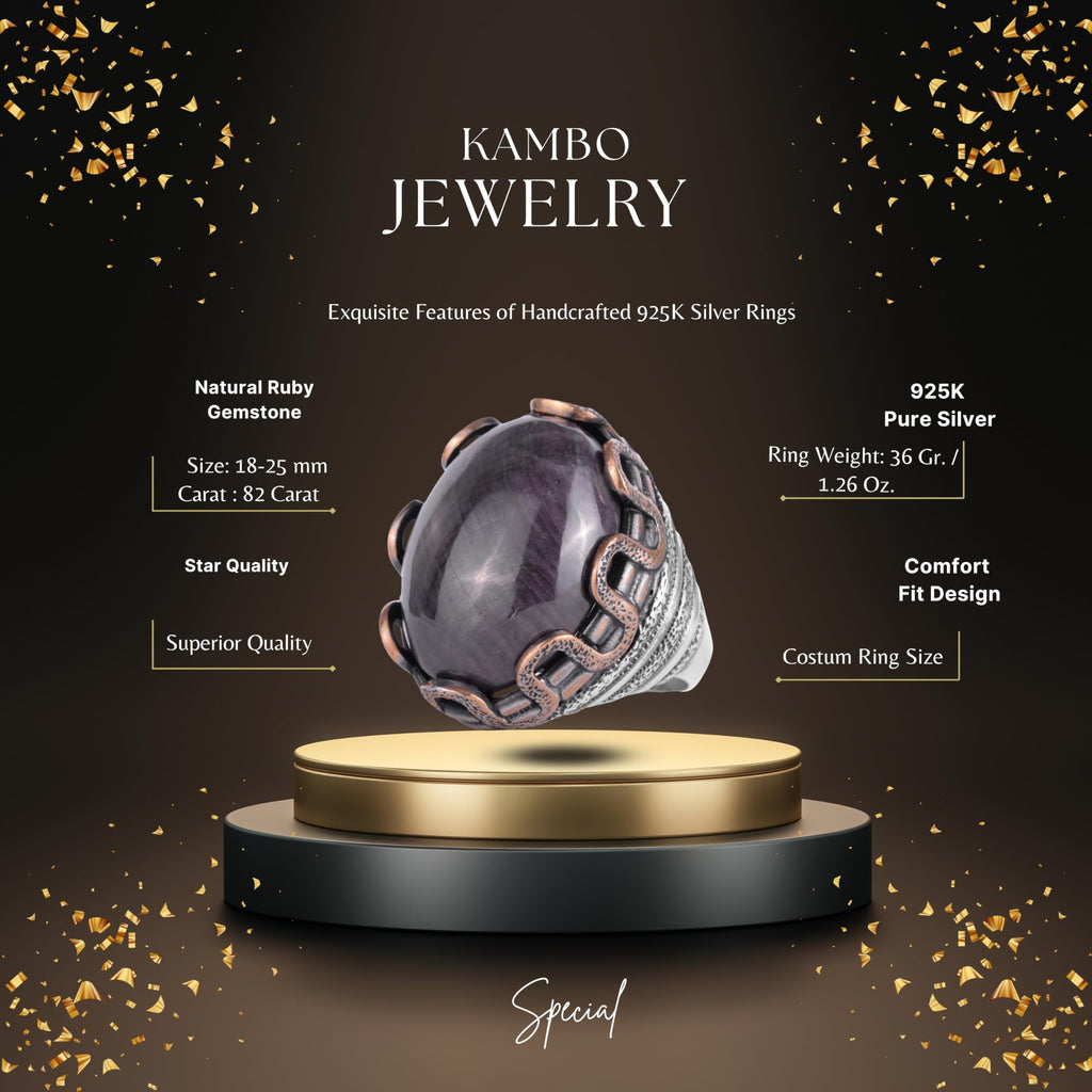KAMBO Natural Ruby Stone Men's Large Ring – 925 Sterling Silver Bronze Claw Set Large Oval Cabochon Ruby Ring – Handmade Statement Jewelry — 2