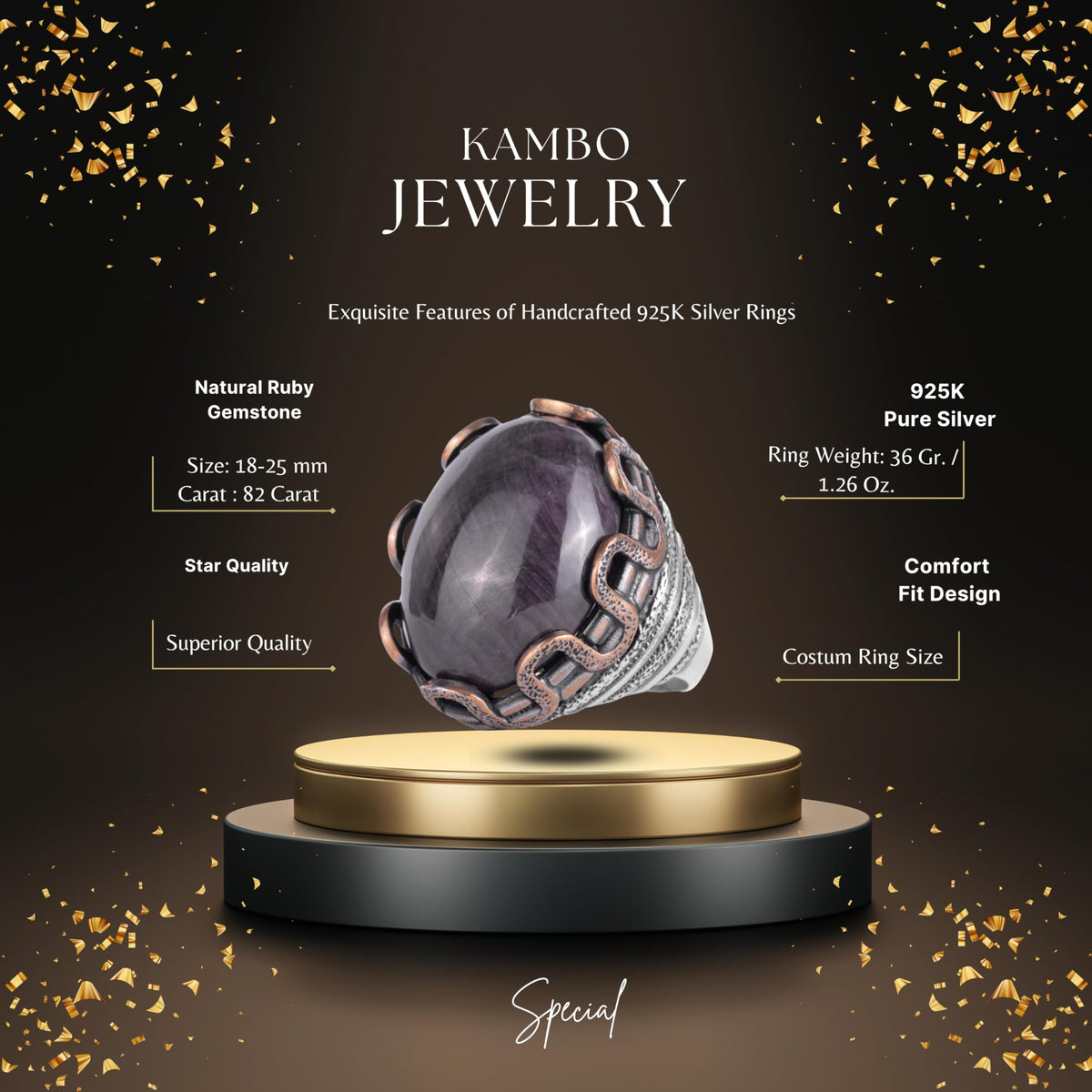 KAMBO Natural Ruby Stone Men's Large Ring – 925 Sterling Silver Bronze Claw Set Large Oval Cabochon Ruby Ring – Handmade Statement Jewelry — 2