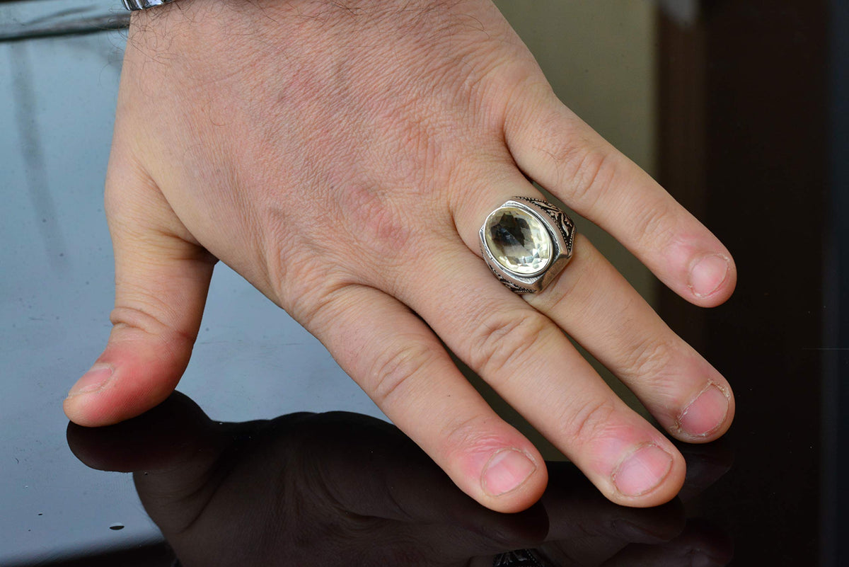 Silver Ring - Natural Oval Citrine Stone and Tulip Motif Design — 6