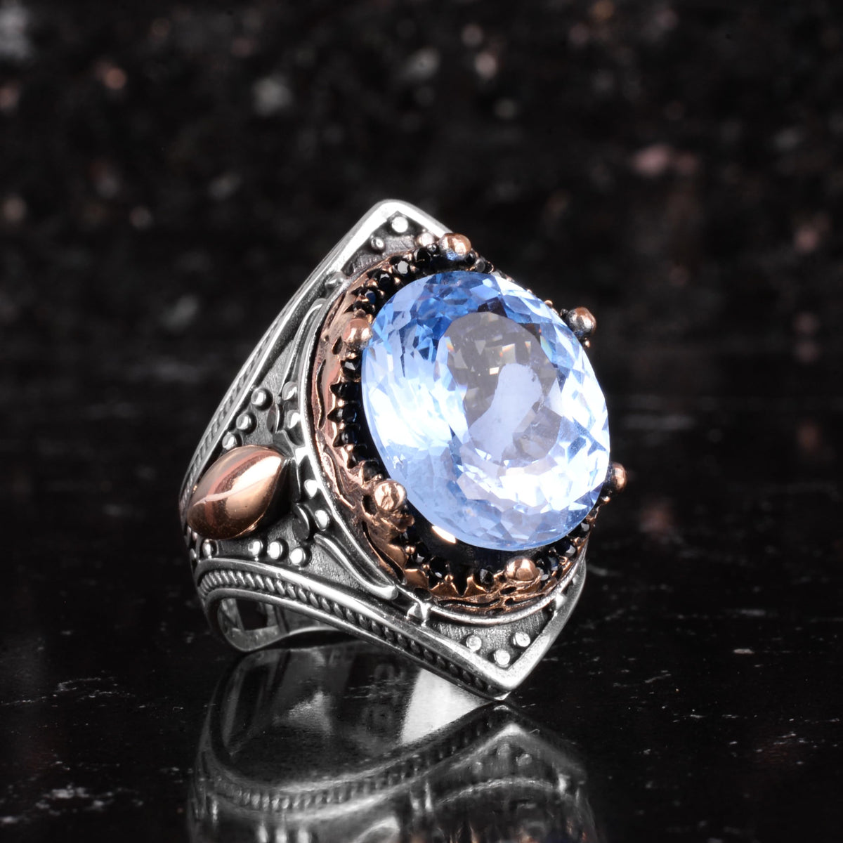 KAMBO Certified Natural Blue Spinel Men's Ring – Bronze Detailed 925 Sterling Silver – Oval Cut Statement Ring — 6