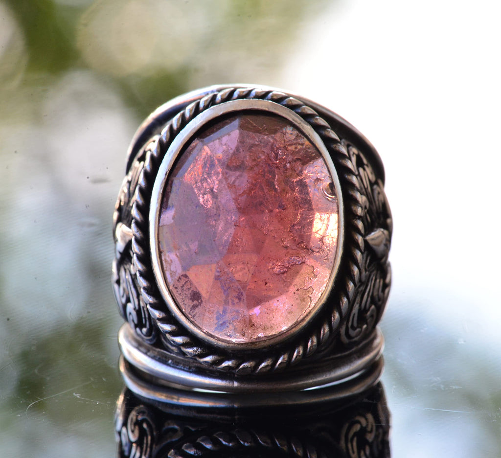 Natural Garnet Stone Ring - Lily Patterned Men's Ring - 925 Sterling Silver Design — 5